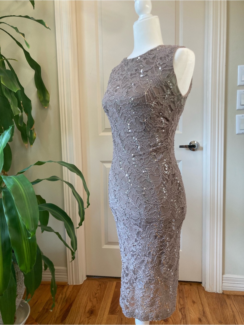R&M Richards Taupe Lace Sheath Dress with Sequins